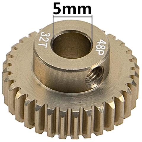 32T pinion gear from Dope 48DP 5mm Pinion Gear Set for 1 by 10 RC Cars, 7075 Aluminum, showing 5mm shaft compatibility