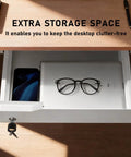 Slick Under Desk Drawer With Lock Sturdy Metal Undermount Storage Slide Tray Organizer For Papers Laptops And Office Gear White 16X11 Point 8 Inch Smooth Ball Bearing Glides showing phone, laptop, and glasses inside.