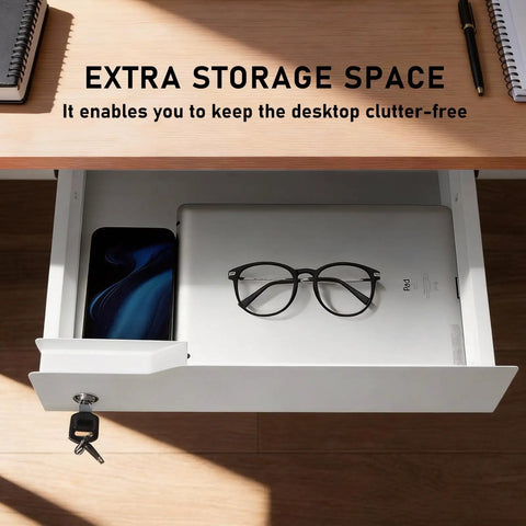 Slick Under Desk Drawer With Lock Sturdy Metal Undermount Storage Slide Tray Organizer For Papers Laptops And Office Gear White 16X11 Point 8 Inch Smooth Ball Bearing Glides showing phone, laptop, and glasses inside.