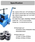WYDDDARY Manual Pipe Bender Machine With Round And Square Dies For Hand Rolled Tube Bending Tools For DIY Metalwork Jobs dimensions and specifications.