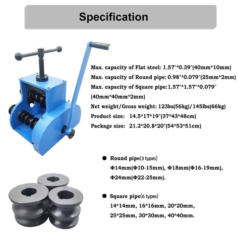 WYDDDARY Manual Pipe Bender Machine With Round And Square Dies For Hand Rolled Tube Bending Tools For DIY Metalwork Jobs dimensions and specifications.
