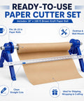 Nifty Paper Dispenser Cutter With Adjustable Mount And Built In Trimmer Plus Heavy Duty Brown Kraft Paper Roll Ideal For Shipping And Packing Straight Up Genius Kit Built Like A Tank, showing adjustable cutter with brown kraft paper.