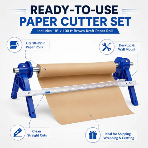 Nifty Paper Dispenser Cutter With Adjustable Mount And Built In Trimmer Plus Heavy Duty Brown Kraft Paper Roll Ideal For Shipping And Packing Straight Up Genius Kit Built Like A Tank, showing adjustable cutter with brown kraft paper.