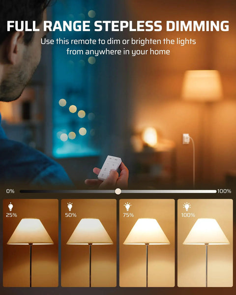 Smooth Operator Wireless Dimmer Plug For Home Lighting shown with remote adjusting brightness of lamps in home setting.