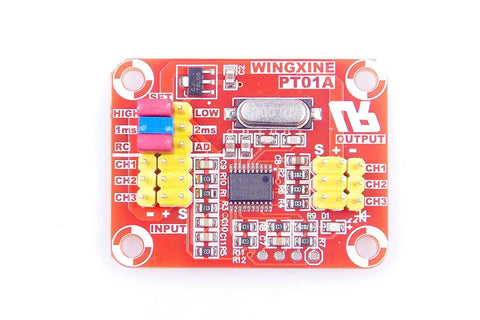 Top view of PT01A Multifunction Signal Converter Module for Servo Testing, showing input, output channels, and components.