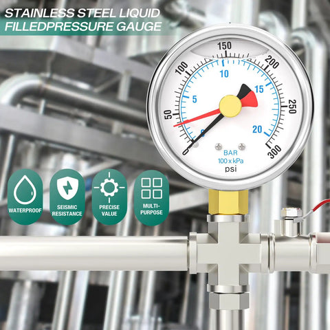 Liquid Filled Pressure Gauge 0-300 PSI, 2.5 Inch Dial, Stainless Steel, Reset Pointer, One Quarter Inch NPT Lower Mount
