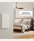 Big Time Game Changer Smart Ceiling Fan Control Switch Alexa Voice Control Four Speed Settings Plug And Play Wifi Enabled No Hub Required Led Indicators White Finish mounted on bedroom wall.