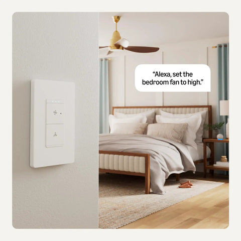 Big Time Game Changer Smart Ceiling Fan Control Switch Alexa Voice Control Four Speed Settings Plug And Play Wifi Enabled No Hub Required Led Indicators White Finish mounted on bedroom wall.