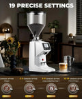 Premium 64Mm Commercial Electric Coffee Grinder With Stainless Steel Flat Burrs And Smart Touchscreen Setup To Easily Crush Beans And Dial In Your Daily Brew Like A Pro In Clean White Finish showing 19 grind settings.