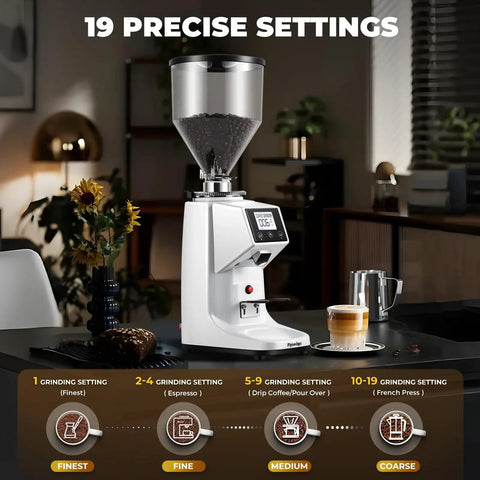 Premium 64Mm Commercial Electric Coffee Grinder With Stainless Steel Flat Burrs And Smart Touchscreen Setup To Easily Crush Beans And Dial In Your Daily Brew Like A Pro In Clean White Finish showing 19 grind settings.