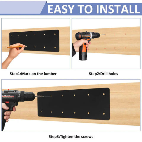 Lock Down Your Build With This Heavy-Duty 4 Pack Of 15.7 In X 5 In Straight Steel Mending Plates showing installation steps on wood.