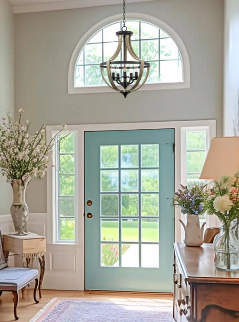 Five Light Rustic Modern Foyer Chandelier With Reclaimed Oak Wood Finish And Black Metal Frame Delivers Warm Ambient Dope Farmhouse Vibe For Entryway Or Dining Room hanging in entryway