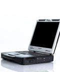 Toughbook CF31 MK3 Badass Rugged Laptop Featuring Rock Solid Heavy Duty Armor Intel Core I5 2.6Ghz 4GB RAM 500GB Storage Full HD Touchscreen Windows 7 Pro Certified Renewed with open lid and black screen.