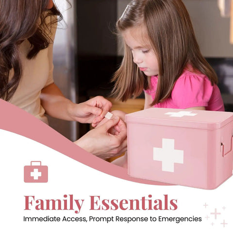 Pink Vintage 13 Inch Metal First Aid Box Organizer With Removable Tray, Adjustable Dividers, And White Cross Logo in home setting