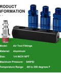 Workhorse Aluminum 3 Way Air Manifold And Splitter With Four Ports, blue couplers, temperature range and pressure info displayed.