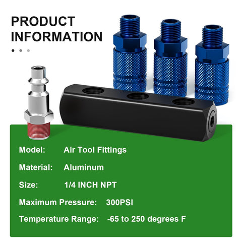 Workhorse Aluminum 3 Way Air Manifold And Splitter With Four Ports, blue couplers, temperature range and pressure info displayed.