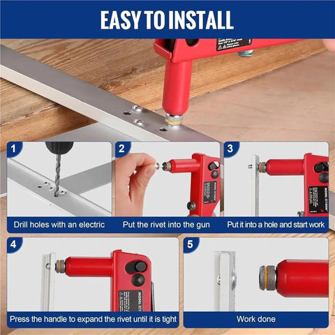 Step-by-step guide showing the installation of Heavy Duty Aluminum Blind Rivets Set 60 Pc 25mm Large Flange Pop Rivets