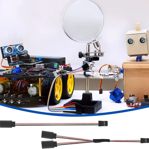 12 Pack JR Style Servo Extension Cable Set With 1 JR Male To 2 Or 3 Female Y Harnesses shown with RC car assembly tools