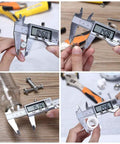 Stainless Steel Digital Caliper With Large LCD Screen, 6 Inch Vernier Caliper measuring various objects, showing precision use.