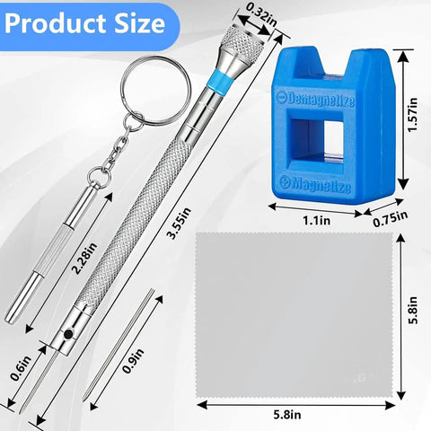 Micro Precision Screwdriver Set For Eyewear Watches And Jewelry With 13 Replacement Bits showing product dimensions and demagnetizer