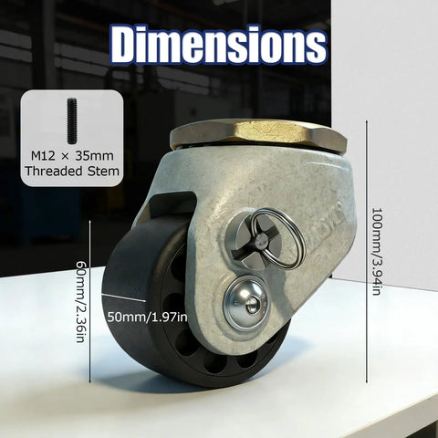 Rock Solid 2 Inch Heavy Duty Leveling Casters Set Of 4 With 4000 Lb Capacity Reinforced Steel Stem Wheels showing 50mm wheel and M12 stem dimensions.