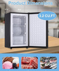 3.2 Cu Ft Upright Mini Freezer Delivers Hardcore Fast Freeze Power With Three Level Thermostat For Rock Solid Chill, showing dimensions and storage features.