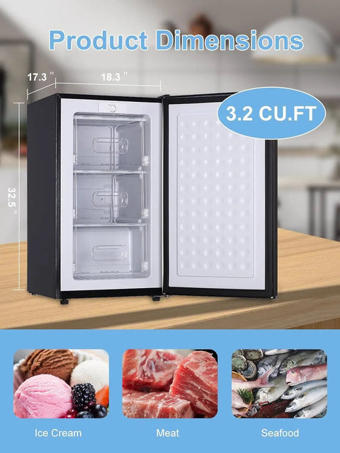 3.2 Cu Ft Upright Mini Freezer Delivers Hardcore Fast Freeze Power With Three Level Thermostat For Rock Solid Chill, showing dimensions and storage features.