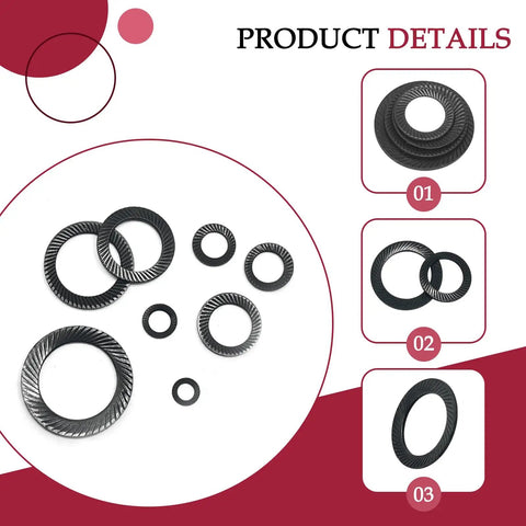 No Flex 100 Piece Set Of M4 Wedge Locking Washers Made From Tough Heavy Duty Black 65 Manganese Steel With A Double Sided Grip For Construction And Home Fixes, showing various sizes.