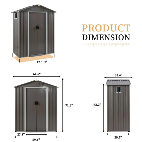 Dimensions of Outdoor Metal Tool Shed 5x3x6 Ft With Lockable Door And Side Window Waterproof Steel Garden Storage Shed shown.