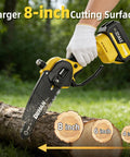 4-In-1 Electric Pole Saw With 9.2 Ft Reach, 6-Inch And 8-Inch Cordless Chainsaw in use on thick log, highlighting 8-inch cut