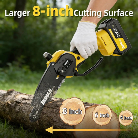4-In-1 Electric Pole Saw With 9.2 Ft Reach, 6-Inch And 8-Inch Cordless Chainsaw in use on thick log, highlighting 8-inch cut