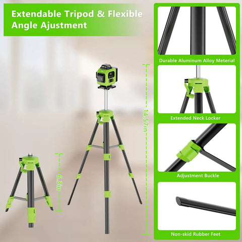 16 Line 360 Self Leveling Green Laser Level With Tripod Kit showing extendable aluminum tripod details and features