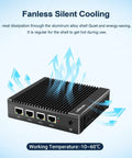 Fanless Firewall Mini Pc Powered By Intel J3710 Chipset And Four Native Two Point Five Gbps Ports With Aes Ni Support For Smashing Through Heavy Traffic And Running A Sleek Barebone Network Gateway Today with silent cooling design.