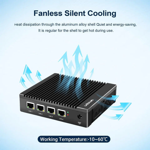 Fanless Firewall Mini Pc Powered By Intel J3710 Chipset And Four Native Two Point Five Gbps Ports With Aes Ni Support For Smashing Through Heavy Traffic And Running A Sleek Barebone Network Gateway Today with silent cooling design.