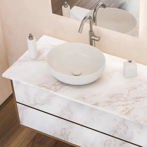 Marble Peel And Stick Countertop Wallpaper 35.4 By 78.7 Inches Waterproof Self Adhesive Roll For Cabinets Drawers Kitchen And Furniture Updates Removable Easy Install Matte White Gold Finish on bathroom vanity surface.