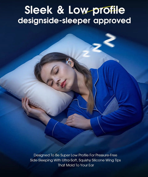 Woman sleeping on side wearing Adjustable Noise Canceling Earplugs For Sleep And Travel With Three Modes From 13 To 45 dB