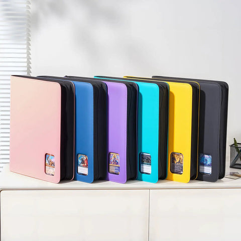 Colorful binders on shelf, multi-colored tabs visible, Top Loader Binder For Trading Cards And Sports Cards, Holds 324 Toploaders.