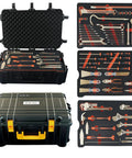 Non Sparking 62 Piece Tool Set With Sledge Hammer Ball Pein Hammer Claw Hammer Wrenches Pliers Chisels And Screwdrivers For Safe Metal Work Pro Grade Heavy Duty Beryllium Copper Non Magnetic Corrosion Resistant DIN Standard BAM Certified, displayed in protective case with foam inserts