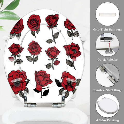 Toilet Seat Round Resin for Bathroom with red rose design, 14.5" x 16.5", featuring stainless steel hinge.