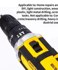 Close-up of 21V Cordless Drill And Screwdriver Combo Offers Beast Mode Power For Serious Homeowners With Variable Speed Trigger.