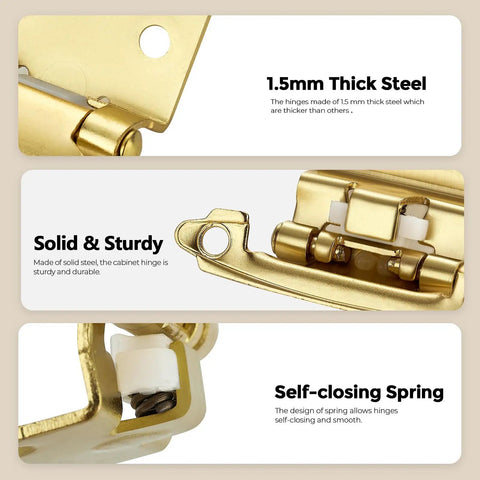 Top Shelf Gold Cabinet Hinges Four Pack Semi Concealed One Half Overlay showing solid 1.5mm thick steel and self-closing spring design.