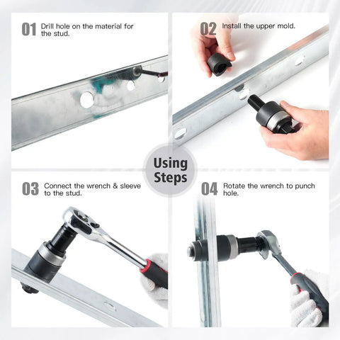 Step-by-step usage of Ratchet Knockout Hole Punch Driver Kit Workhorse One Half To Two Inch Slug Buster KO Tool Set for panels.
