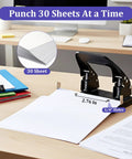 Heavy Duty Two Hole Punch With 150 Paper Fasteners For Office Files And Folders on desk, punches 30 sheets, black finish, padded handle