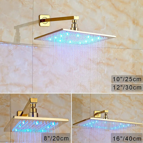 Slick Wall Mount Shower Kit With Led Glow And Tub Spout Boasting Crisp Square Rainfall Head in 10-inch size.