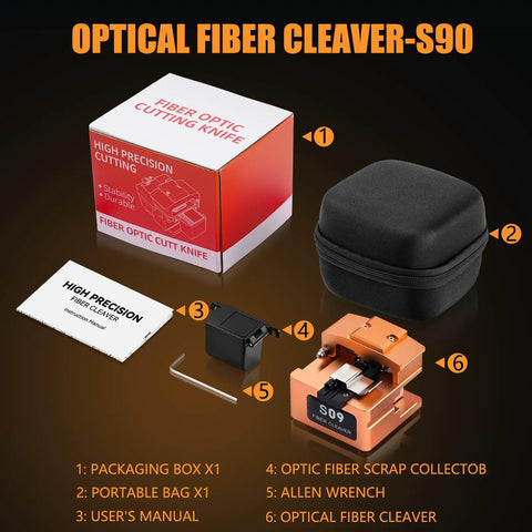 Workhorse S09 High Precision Optical Fiber Cleaver with accessories including packaging, manual, and allen wrench.