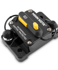 Close-up view of 60 Amp Marine Grade Trolling Motor Circuit Breaker With Manual Reset And Push To Trip Power Cutoff, waterproof, ignition protected.