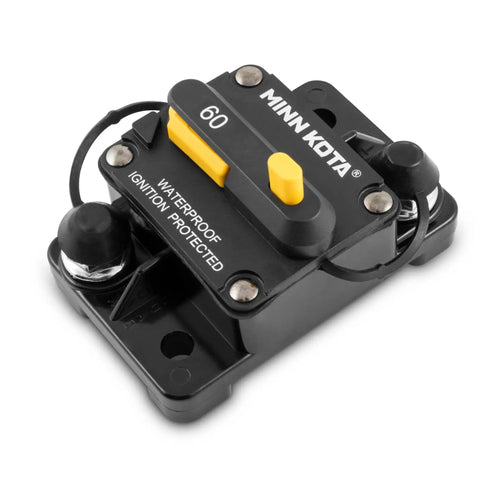 Close-up view of 60 Amp Marine Grade Trolling Motor Circuit Breaker With Manual Reset And Push To Trip Power Cutoff, waterproof, ignition protected.
