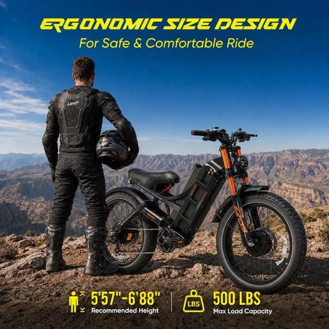Heavy Duty 26 Inch Electric Bike With Badass 6000W Dual Motor And 80Ah Battery displayed outdoors with rider, mountains in background.
