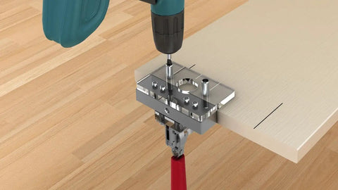 Cross Dowel Jig For Woodworking, DIY Friendly Builds, Adjustable Self Centering Drill Bit in action on wood panel
