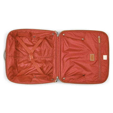 Interior view of Chatelet Softside Underseat Carry On Luggage With Two Wheels Angora Ecofriendly Recycled Fabric And Vegan Leather Trim